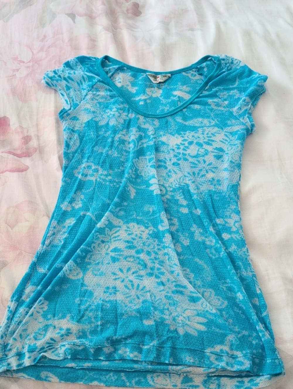 Hard Tail Turquoise Floral Scoop Neck Short Sleeve Tee